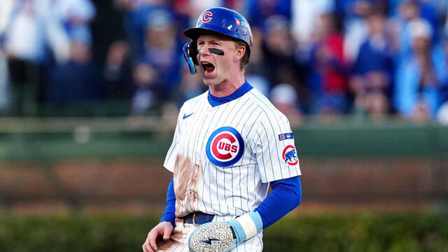 CHICAGO, IL - OCTOBER 08: Pete Crow-Armstrong #4 of the Chicago Cubs celebrates after the Cubs scored a run on a wild pitch during Game Three of the National League Division Series presented by Booking.com between the Milwaukee Brewers and the Chicago Cubs at Wrigley Field on Wednesday, October 8, 2025 in Chicago, Illinois.