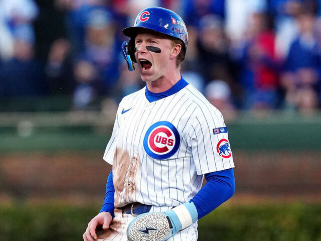 CHICAGO, IL - OCTOBER 08: Pete Crow-Armstrong #4 of the Chicago Cubs celebrates after the Cubs scored a run on a wild pitch during Game Three of the National League Division Series presented by Booking.com between the Milwaukee Brewers and the Chicago Cubs at Wrigley Field on Wednesday, October 8, 2025 in Chicago, Illinois.