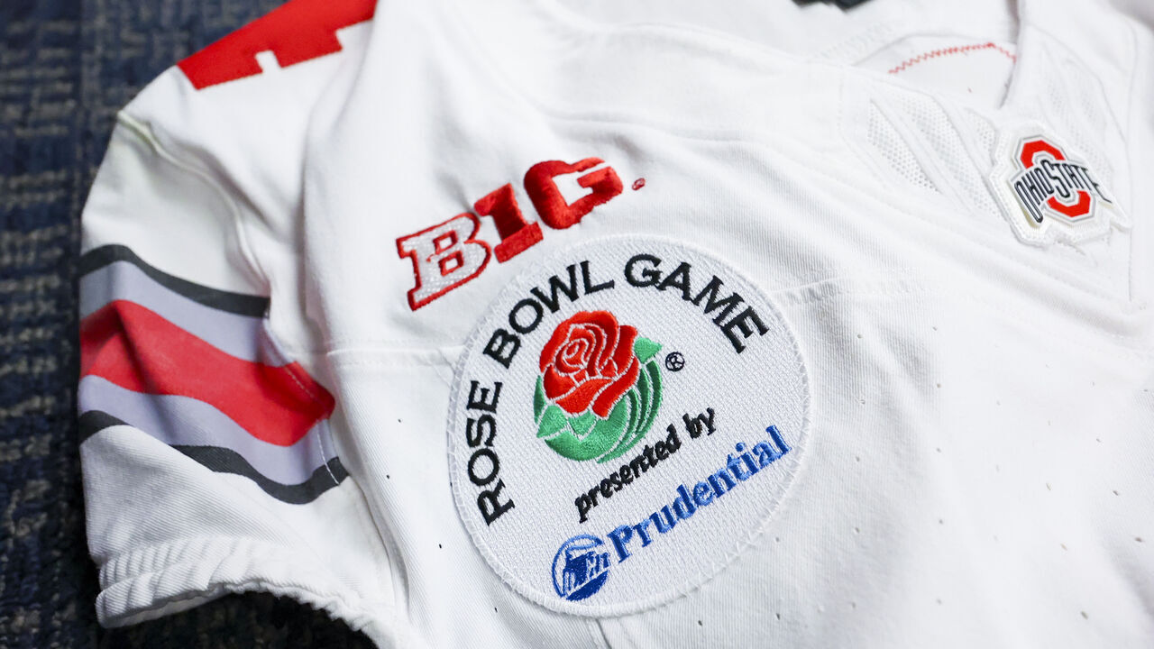 PASADENA, CALIFORNIA - JANUARY 1: The Ohio State Buckeyes Rose Bowl patch on a jersey in the locker room before the game against the Oregon Ducks at Rose Bowl Stadium on January 1, 2025 in Pasadena, California.