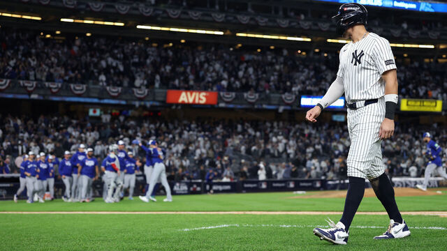 NEW YORK, NEW YORK - OCTOBER 08: Aaron Judge #99 of the New York Yankees walks off the field after the Toronto Blue Jays defeated the Yankees in game four of the American League Division Series at Yankee Stadium on October 08, 2025 in New York City.