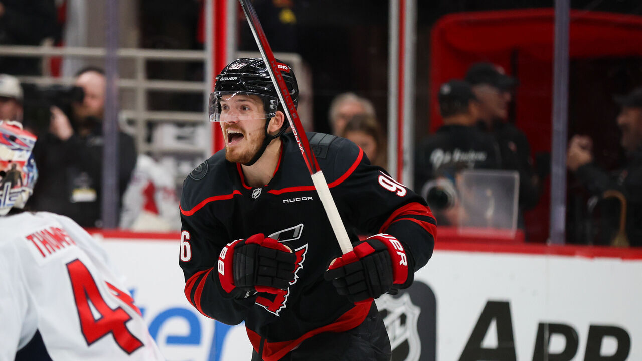 RALEIGH, NC - MAY 12: Carolina Hurricanes center Jack Roslovic (96) reacts to the goal during game four of the Eastern Conference Second Round of the NHL Stanley Cup Playoffs between the Washington Capitals and the Carolina Hurricanes on May 12, 2025 at Lenovo Center in Raleigh, NC.