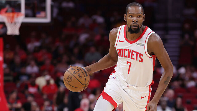 HOUSTON, TEXAS - OCTOBER 08: Kevin Durant #7 of the Houston Rockets handles the ball against the Utah Jazz during the first half of a preseason game at Toyota Center on October 08, 2025 in Houston, Texas.