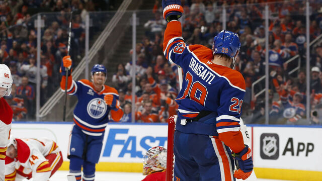 EDMONTON, CANADA - OCTOBER 8: Leon Draisaitl #29 of the Edmonton Oilers celebrates his 400th career goal against of the Calgary Flames during the second period at Rogers Place on October 8, 2025 in Edmonton, Canada.