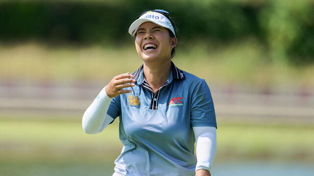 Thailand's Arpichaya Yubol reacts during the Shanghai LPGA golf tournament in Shanghai on October 9, 2025.