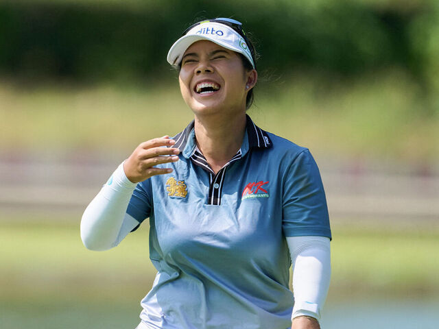 Thailand's Arpichaya Yubol reacts during the Shanghai LPGA golf tournament in Shanghai on October 9, 2025.