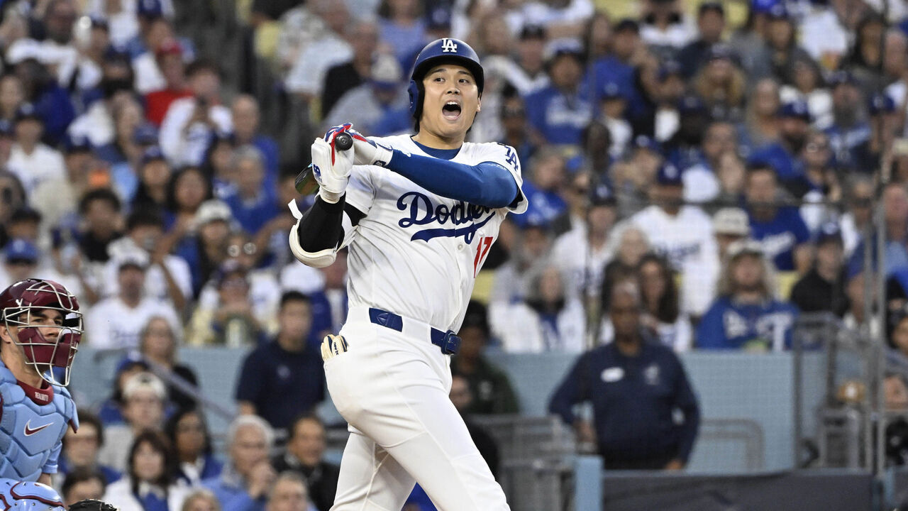 Los Angeles, CA - October 08: Shohei Ohtani #17 of the Los Angeles Dodgers reacts on a swing in the first inning of game 3 of a National League Division series baseball game against the Philadelphia Phillies at Dodger Stadium in Los Angeles on Wednesday, October 8, 2025.