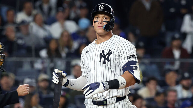 NEW YORK, NEW YORK - OCTOBER 08: Aaron Judge #99 of the New York Yankees reacts after striking out during the eighth inning against the Toronto Blue Jays in game four of the American League Division Series at Yankee Stadium on October 08, 2025 in New York City.
