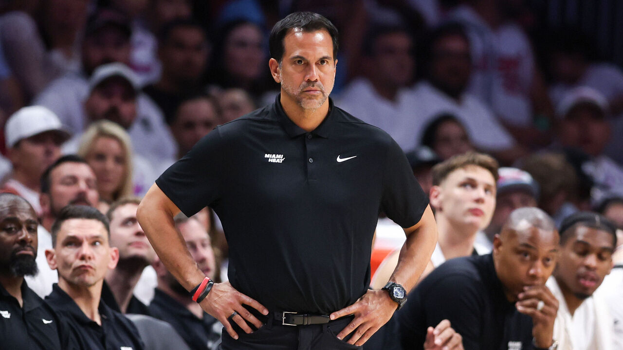 MIAMI, FLORIDA - APRIL 28: Head coach Erik Spoelstra of the Miami Heat looks on during the fourth quarter against the Cleveland Cavaliers in Game Four of the Eastern Conference First Round NBA Playoffs at Kaseya Center on April 28, 2025 in Miami, Florida.