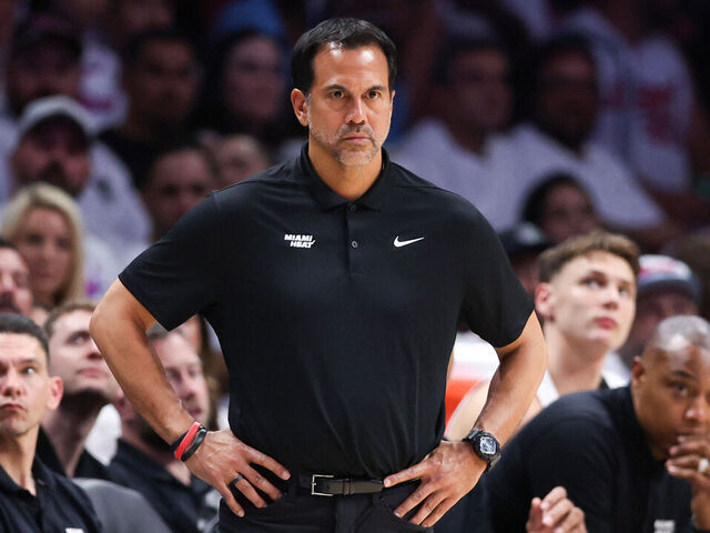 MIAMI, FLORIDA - APRIL 28: Head coach Erik Spoelstra of the Miami Heat looks on during the fourth quarter against the Cleveland Cavaliers in Game Four of the Eastern Conference First Round NBA Playoffs at Kaseya Center on April 28, 2025 in Miami, Florida.