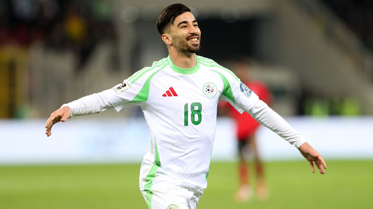 Algerian player Mohamed El Amine Amoura celebrates his goal during the 2026 FIFA World Cup qualifying match between Algeria and Mozambique in Tizi Ouzou, Algeria, on March 25, 2025 .