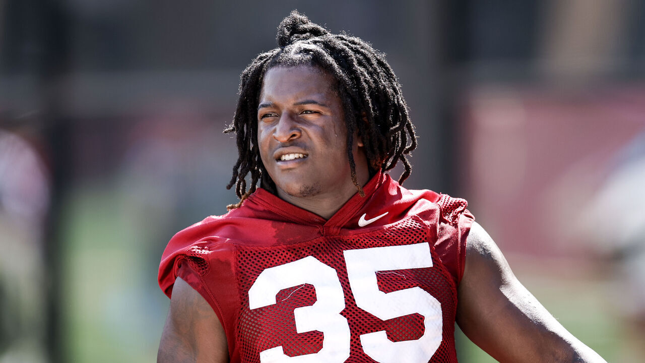 TALLAHASSEE, FL - JULY 30: Linebacker Ethan Pritchard #35 of the Florida State Seminoles during the first day of Fall Football Practice at the Albert J. Dunlap Athletic Training Facility on the campus of Florida State University on July, 2025 in Tallahassee, Florida. Pritchard is in critical but stable condition in the intensive care unit at a local hospital after suffering a gunshot wound in the head over the weekend while visiting family in Havana, Florida.