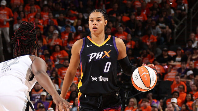 PHOENIX, AZ - OCTOBER 8: Satou Sabally #0 of the Phoenix Mercury dribbles the ball during the game against the Las Vegas Aces during Game Three of the WNBA Finals on October 8, 2025 at PHX Arena in Phoenix, Arizona. Mandatory Copyright Notice: Copyright 2025 NBAE
