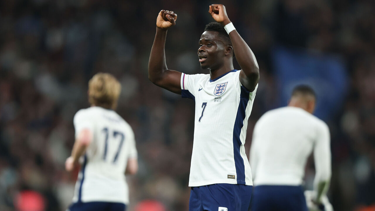 LONDON, ENGLAND - OCTOBER 9: England's Bukayo Saka celebrates scoring his side's third goal during the International Friendly match between England and Wales at Wembley Stadium on October 9, 2025 in London, England.