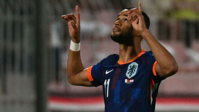 Netherlands' forward #11 Cody Gakpo celebrates after succesfully converting a penalty to score the Netherlands's first goal during the FIFA World Cup 2026 Group G qualification football between Malta and Netherlands at the National Stadium in Ta' Qali, on October 9, 2025.