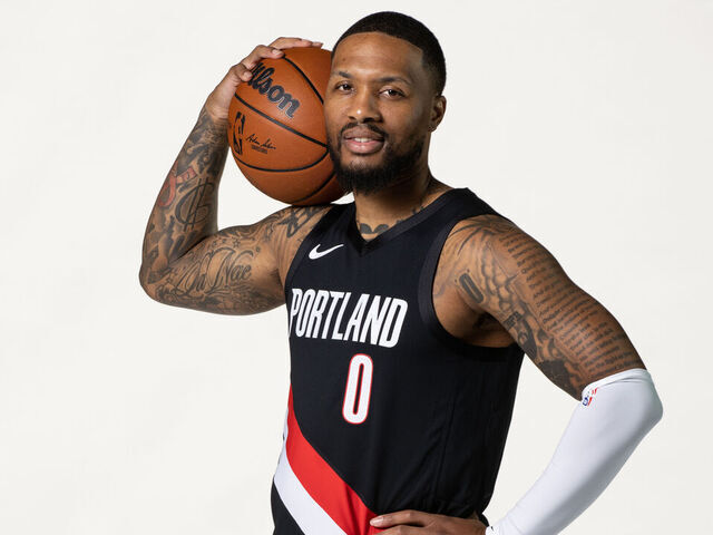 PORTLAND, OR - SEPTEMBER 29: Damian Lillard #0 of the Portland Trail Blazers poses for a portrait during media day on September 29, 2025 at the MODA Center in Portland, Oregon. Mandatory Copyright Notice: Copyright 2025 NBAE
