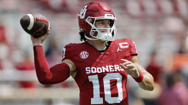 NORMAN, OKLAHOMA - SEPTEMBER 20: Quarterback John Mateer #10 of the Oklahoma Sooners throws the ball before a game against the Auburn Tigers at Gaylord Family Oklahoma Memorial Stadium on September 20, 2025 in Norman, Oklahoma. Oklahoma won 24-17.