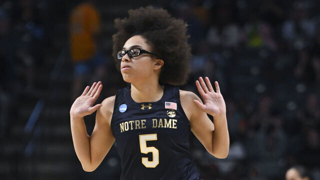 BIRMINGHAM, ALABAMA - MARCH 29: Olivia Miles #5 of the Notre Dame Fighting Irish reacts during the game against the TCU Horned Frogs in the Sweet Sixteen round of the 2025 NCAA Women's Basketball Tournament held at Legacy Arena at the BJCC on March 29, 2025 in Birmingham, Alabama.