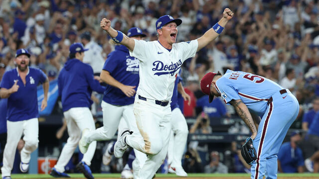 LOS ANGELES, CA - OCTOBER 9, 2025: Los Angeles Dodgers Alex Call celebrates their win against the Philadelphia Phillies in Game 4 of the NLDS at Dodger Stadium on October 8, 2025 in Los Angeles, California. (Robert Gauthier / Los Angeles Times via Getty Images)