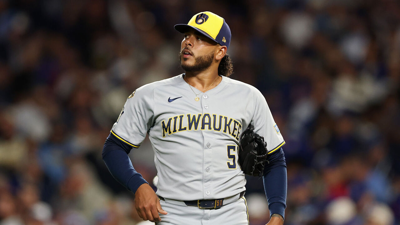CHICAGO, ILLINOIS - OCTOBER 09: Freddy Peralta #51 of the Milwaukee Brewers looks on during the first inning against the Chicago Cubs in game four of the National League Division Series at Wrigley Field on October 09, 2025 in Chicago, Illinois.