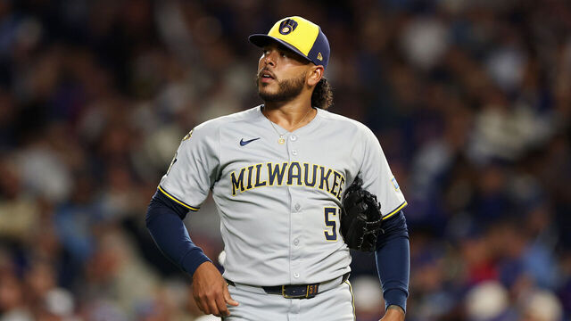 CHICAGO, ILLINOIS - OCTOBER 09: Freddy Peralta #51 of the Milwaukee Brewers looks on during the first inning against the Chicago Cubs in game four of the National League Division Series at Wrigley Field on October 09, 2025 in Chicago, Illinois.
