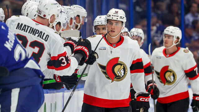 TAMPA, FL - OCTOBER 9: Shane Pinto #12 of the Ottawa Senators celebrates his goal against the Tampa Bay Lightning during the second period at the Benchmark International Arena on October 9, 2025 in Tampa, Florida.