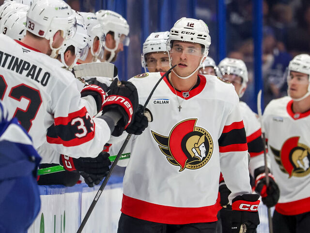 TAMPA, FL - OCTOBER 9: Shane Pinto #12 of the Ottawa Senators celebrates his goal against the Tampa Bay Lightning during the second period at the Benchmark International Arena on October 9, 2025 in Tampa, Florida.