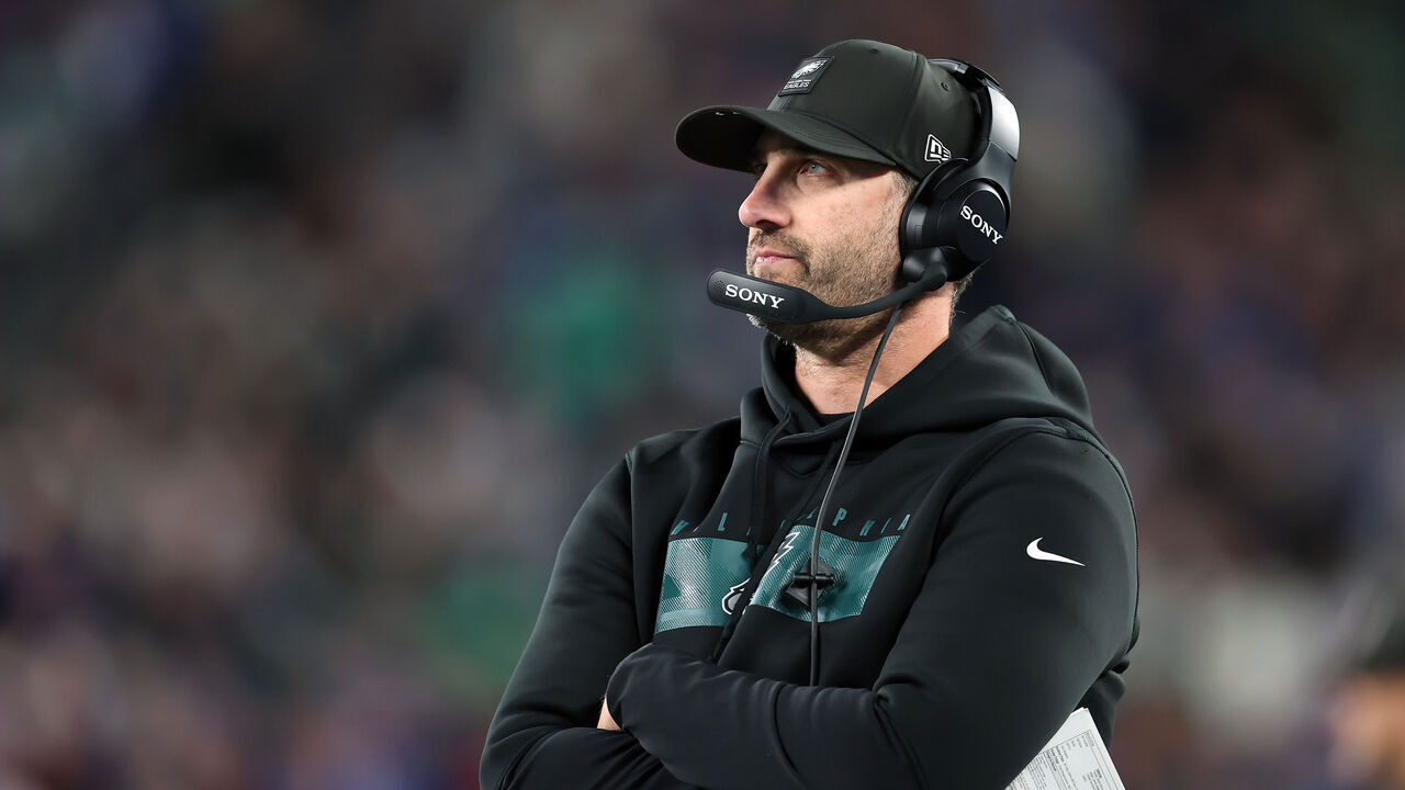 EAST RUTHERFORD, NEW JERSEY - OCTOBER 09: Head coach Nick Sirianni of the Philadelphia Eagles watches from the sidelines during the first quarter of the game against the New York Giants at MetLife Stadium on October 09, 2025 in East Rutherford, New Jersey.