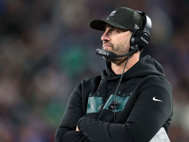 EAST RUTHERFORD, NEW JERSEY - OCTOBER 09: Head coach Nick Sirianni of the Philadelphia Eagles watches from the sidelines during the first quarter of the game against the New York Giants at MetLife Stadium on October 09, 2025 in East Rutherford, New Jersey.