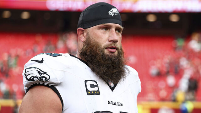 KANSAS CITY, MISSOURI - SEPTEMBER 14: Lane Johnson #65 of the Philadelphia Eagles walks the field after an NFL football game against the Kansas City Chiefs at GEHA Field at Arrowhead Stadium on September 14, 2025 in Kansas City, Missouri.