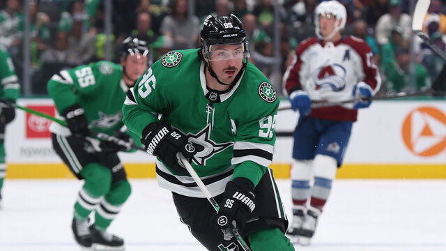 DALLAS, TEXAS - OCTOBER 04: Matt Duchene #95 of the Dallas Stars skates with the puck during the third period of the preseason game against the Colorado Avalanche at American Airlines Center on October 04, 2025 in Dallas, Texas.