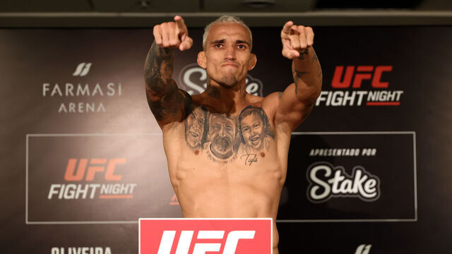 RIO DE JANEIRO, BRAZIL - OCTOBER 10: Charles Oliveira of Brazil poses on the scale during the UFC Fight Night official weigh-in at the Windsor Marapendi on October 10, 2025 in Rio de Janeiro, Brazil.