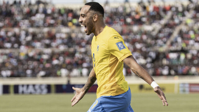 TOPSHOT - Gabon's #9 Pierre-Emerick Aubameyang celebrates after scoring a goal during the FIFA World Cup 2026 Africa qualifiers group F football match between Kenya and Gabon at the Nyayo National Stadium in Nairobi on March 23, 2025.