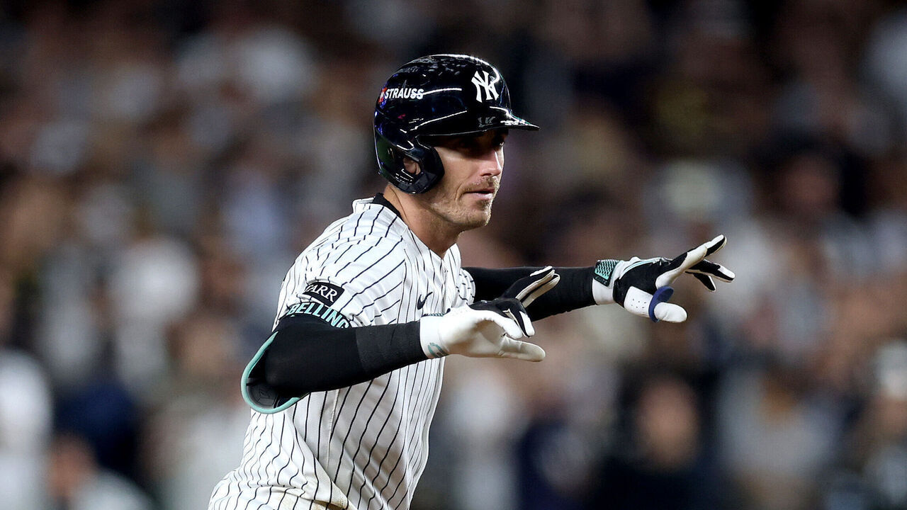 NEW YORK, NEW YORK - OCTOBER 07: Cody Bellinger #35 of the New York Yankees reacts after a double against the Toronto Blue Jays during the sixth inning in game three of the American League Division Series at Yankee Stadium on October 07, 2025 in the Bronx borough of New York City.