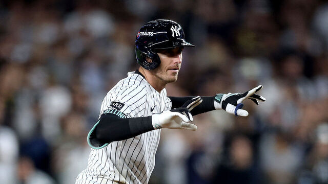 NEW YORK, NEW YORK - OCTOBER 07: Cody Bellinger #35 of the New York Yankees reacts after a double against the Toronto Blue Jays during the sixth inning in game three of the American League Division Series at Yankee Stadium on October 07, 2025 in the Bronx borough of New York City.