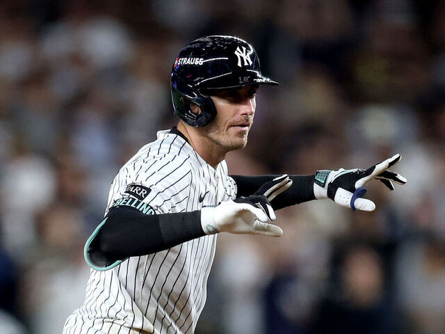 NEW YORK, NEW YORK - OCTOBER 07: Cody Bellinger #35 of the New York Yankees reacts after a double against the Toronto Blue Jays during the sixth inning in game three of the American League Division Series at Yankee Stadium on October 07, 2025 in the Bronx borough of New York City.