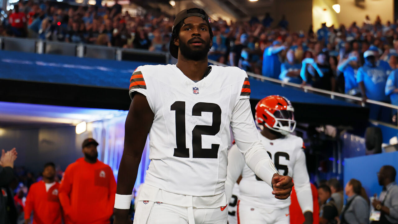 DETROIT, MICHIGAN - SEPTEMBER 28: Shedeur Sanders #12 of the Cleveland Browns walks onto the field prior to the game against the Detroit Lions at Ford Field on September 28, 2025 in Detroit, Michigan.