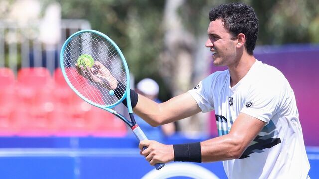 ANTALYA, TURKEY - JUNE 23: Goncalo Oliveira of Portugal in action during a qualifying match within Turkish Airlines Antalya Open Tennis Tournament at Kaya Palazzo Hotel in Antalya, Turkey on June 23, 2019.