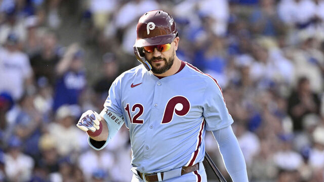 Los Angeles, CA - October 09: Kyle Schwarber #12 of the Philadelphia Phillies reacts after striking out against the Los Angeles Dodgers in the third inning of game 4 of a National League Division series baseball game at Dodger Stadium in Los Angeles on Thursday, October 9, 2025.