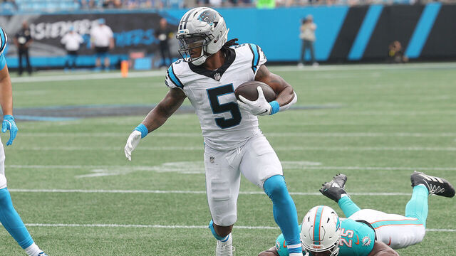CHARLOTTE, NC - OCTOBER 05: Carolina Panthers running back Rico Dowdle (5) during an NFL football game between the Miami Dolphins and the Carolina Panthers on October 5, 2025, at Bank of America Stadium in Charlotte N.C.