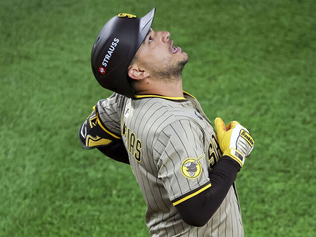 Chicago, Illinois - October 02: Jose Iglesias #7 of the San Diego Padres reacts after lining out against the Chicago Cubs during Game 3 of the NL Wild Card Series at Wrigley Field on Thursday, Oct. 2, 2025 in Chicago, Illinois. (Meg McLaughlin / The San Diego Union-Tribune via Getty Images)