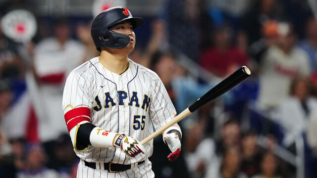 MIAMI, FL - MARCH 21: Munetaka Murakami #55 of Team Japan hits a home run in the second inning during the 2023 World Baseball Classic Championship game between Team USA and Team Japan at loanDepot Park on Tuesday, March 21, 2023 in Miami, Florida.