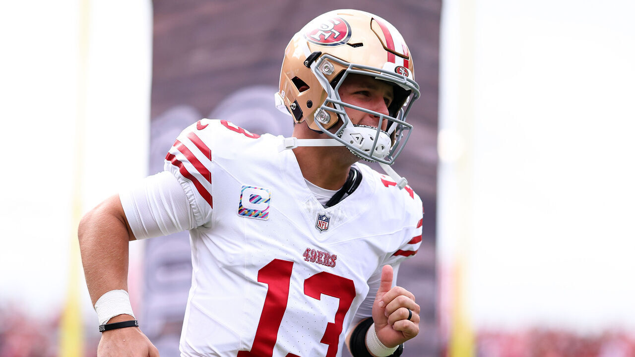 SANTA CLARA, CALIFORNIA - SEPTEMBER 28: Brock Purdy #13 of the San Francisco 49ers runs on field prior to the game against the Jacksonville Jaguars at Levi's Stadium on September 28, 2025 in Santa Clara, California.