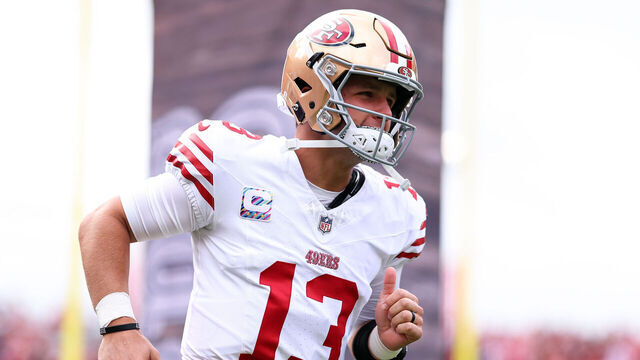 SANTA CLARA, CALIFORNIA - SEPTEMBER 28: Brock Purdy #13 of the San Francisco 49ers runs on field prior to the game against the Jacksonville Jaguars at Levi's Stadium on September 28, 2025 in Santa Clara, California.
