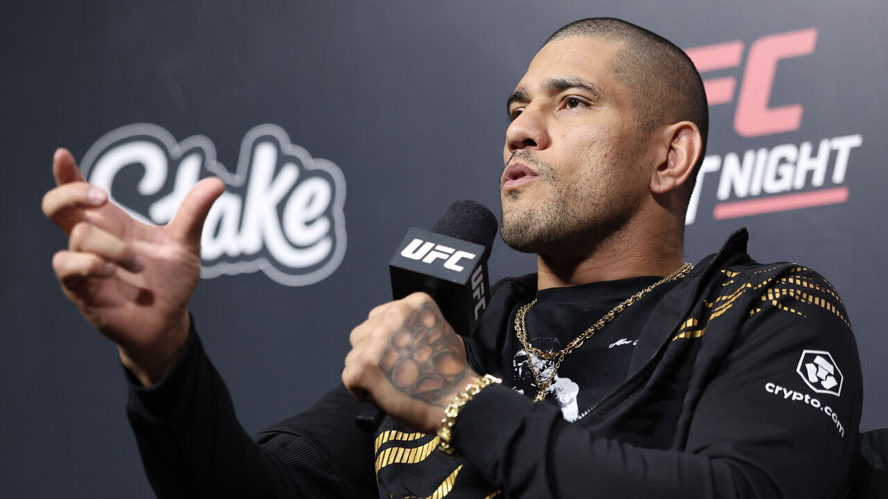 RIO DE JANEIRO, BRAZIL - OCTOBER 10: Alex Pereira is seen on stage during a Q&A session prior to the UFC Fight Night ceremonial weigh-in at Farmasi Arena on October 10, 2025 in Rio de Janeiro, Brazil.