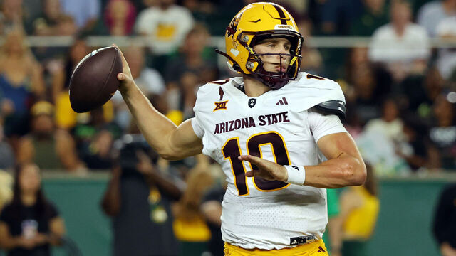 WACO, TEXAS - SEPTEMBER 20: Quarterback Sam Leavitt #10 of the Arizona State Sun Devils throws a pass againast the Baylor Bears at McLane Stadium on September 20, 2025 in Waco, Texas.