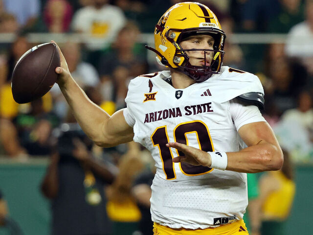 WACO, TEXAS - SEPTEMBER 20: Quarterback Sam Leavitt #10 of the Arizona State Sun Devils throws a pass againast the Baylor Bears at McLane Stadium on September 20, 2025 in Waco, Texas.