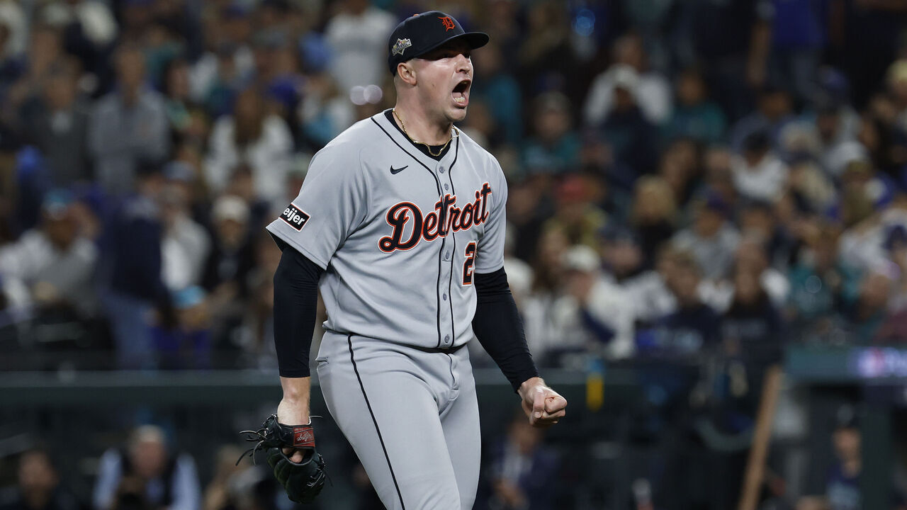 SEATTLE, WASHINGTON - OCTOBER 10: Tarik Skubal #29 of the Detroit Tigers celebrates after striking out Cal Raleigh (not pictured) of the Seattle Mariners during the sixth inning in game five of the American League Division Series at T-Mobile Park on October 10, 2025 in Seattle, Washington.