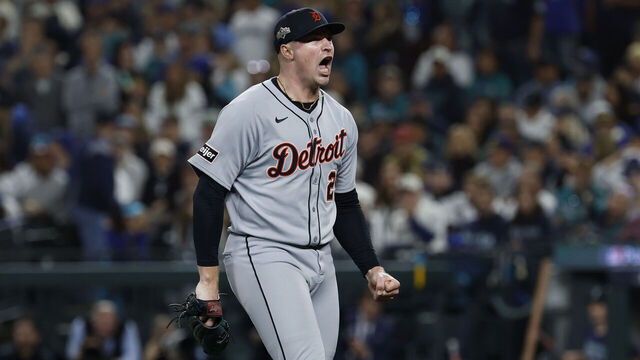 SEATTLE, WASHINGTON - OCTOBER 10: Tarik Skubal #29 of the Detroit Tigers celebrates after striking out Cal Raleigh (not pictured) of the Seattle Mariners during the sixth inning in game five of the American League Division Series at T-Mobile Park on October 10, 2025 in Seattle, Washington.