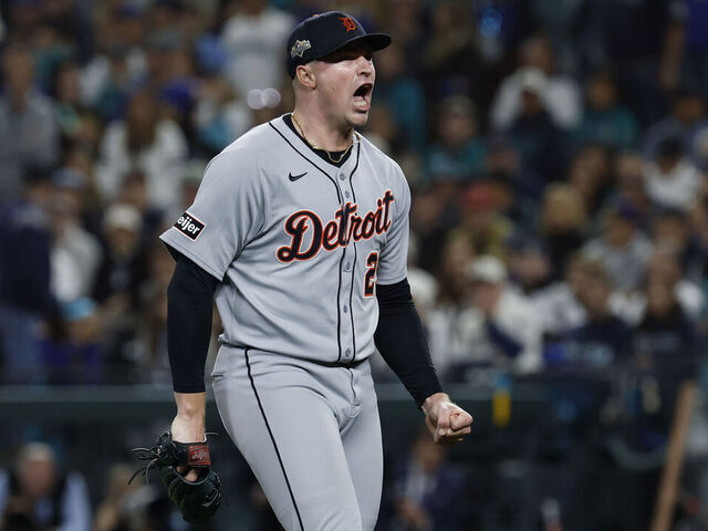 SEATTLE, WASHINGTON - OCTOBER 10: Tarik Skubal #29 of the Detroit Tigers celebrates after striking out Cal Raleigh (not pictured) of the Seattle Mariners during the sixth inning in game five of the American League Division Series at T-Mobile Park on October 10, 2025 in Seattle, Washington.