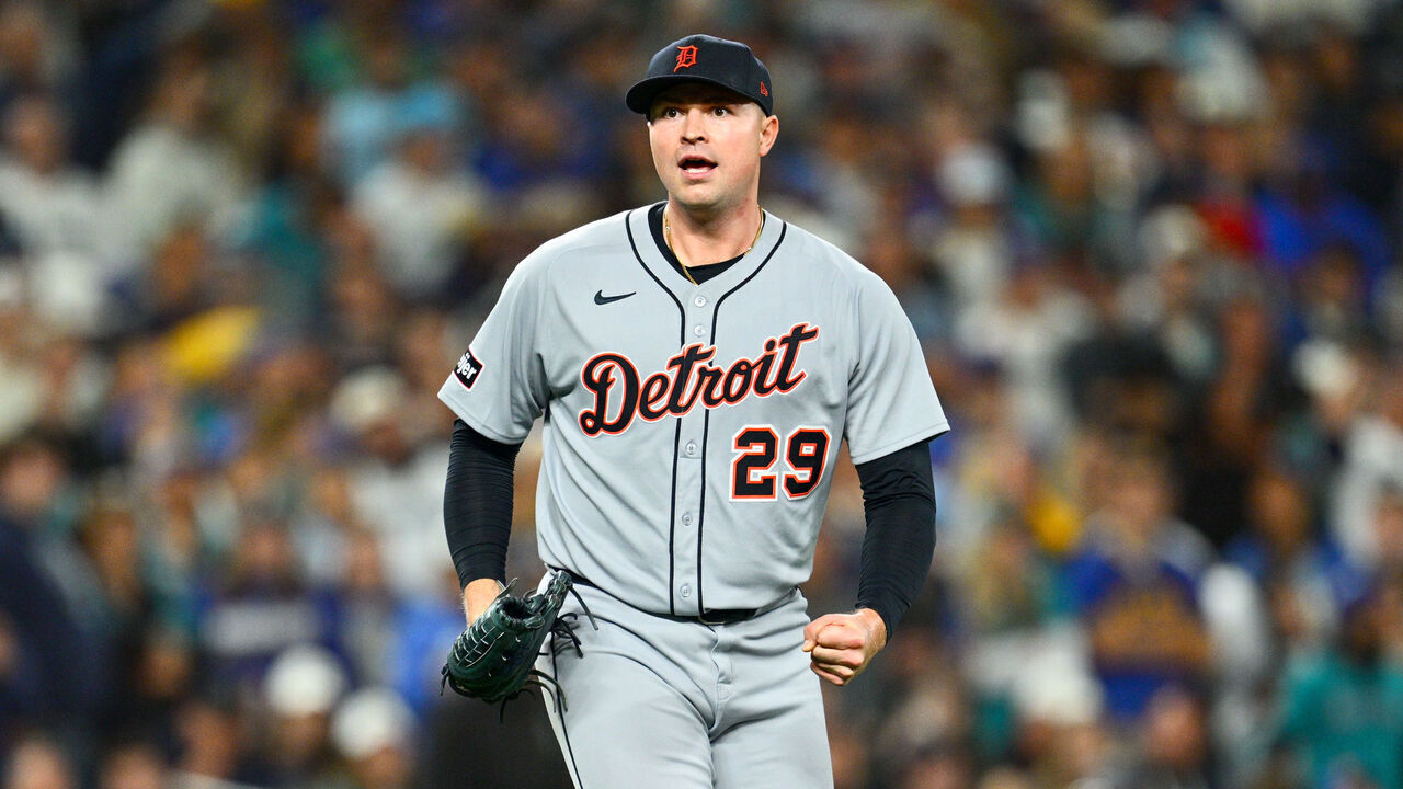 SEATTLE, WA - OCTOBER 10: Tarik Skubal #29 of the Detroit Tigers celebrates after striking out Cal Raleigh of the Seattle Mariners (not pictured) in the sixth inning during Game Five of the American League Division Series presented by Booking.com between the Detroit Tigers and the Seattle Mariners at T-Mobile Park on Friday, October 10, 2025 in Seattle, Washington.